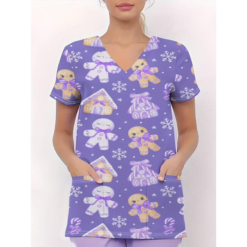Womens V-Neck Short Sleeve Nursing Scrub Top With 3D Cartoon Print Comfortable Workwear Casual Medical Uniform