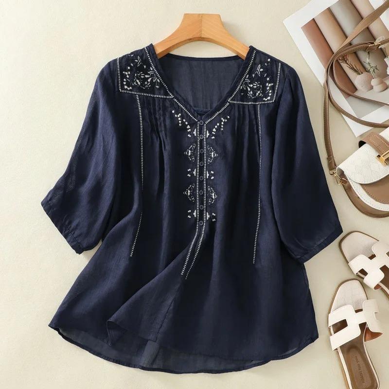 Shirt for Women Spring Summer V-neck Shirt Top Women Loose National Style Pullover Tops Half Sleeve Blouse Female