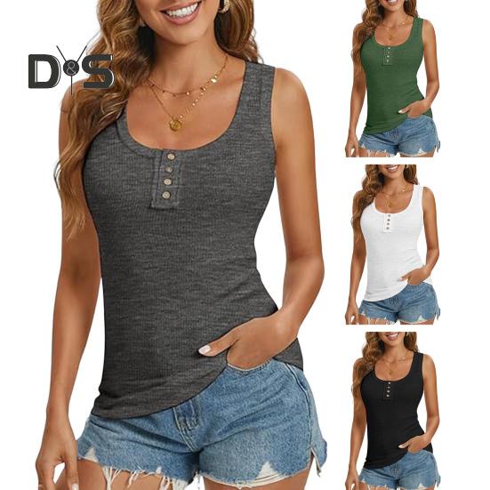 Women Vest U-Neck Sleeveless Button Down Camisole Blouse Slim Fit Basic Tank Tops Beach Office Party Wear