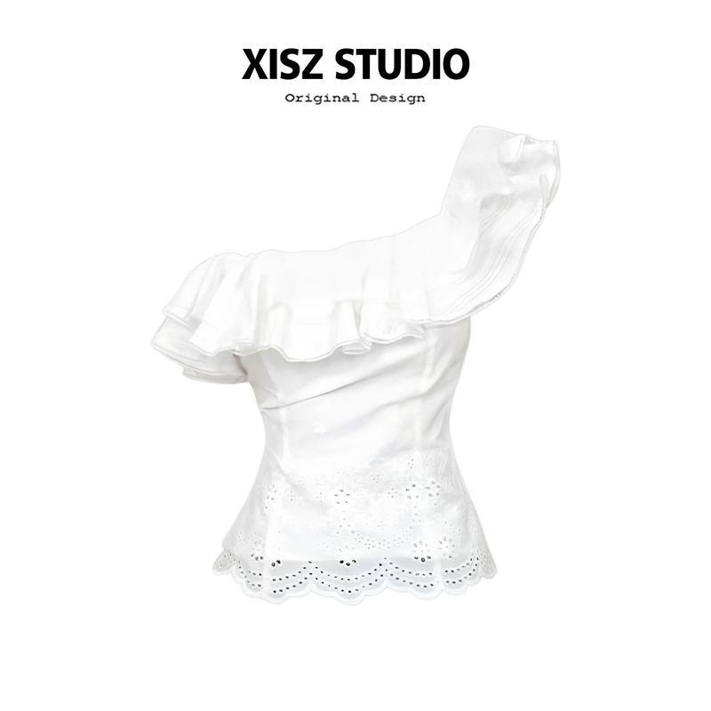 Gyaru Frill Sloping Shoulder off-Shoulder Collar Double Purpose Shirts Women Summer Niche Design Slimming Versatile off-Shoulder Top White S