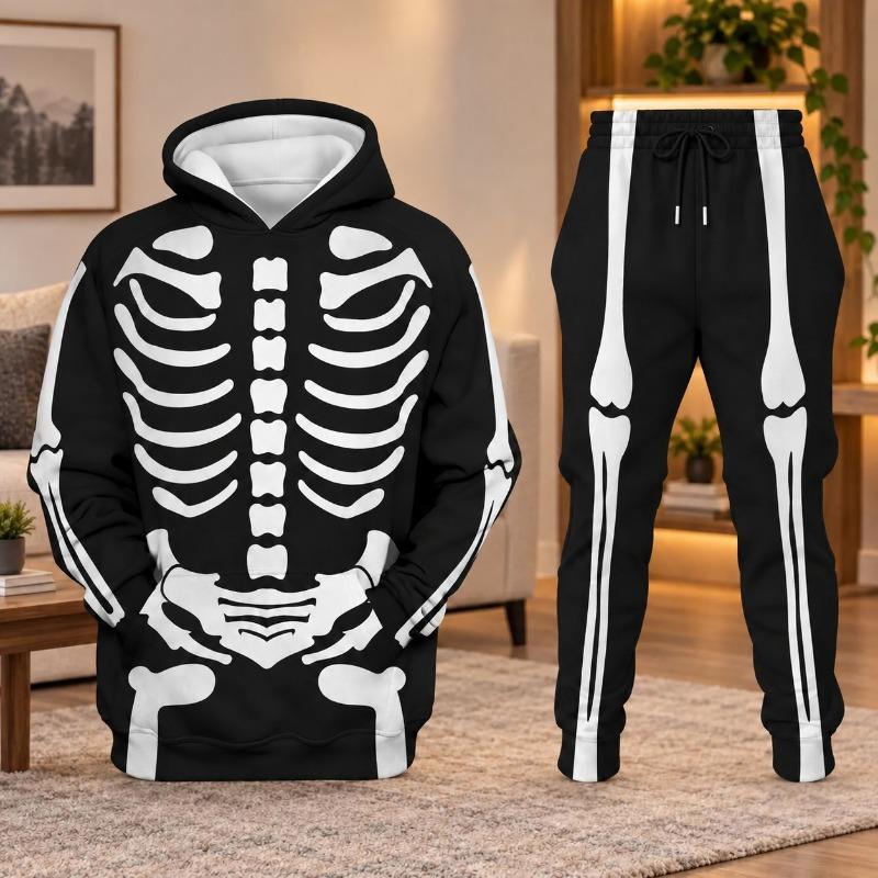 2026 Rodinná sada mikin s kostlivci Halloween Potisk kostí Mikina s kapucí Tepláky Muži Teen Cosplay Párty Tepláková souprava