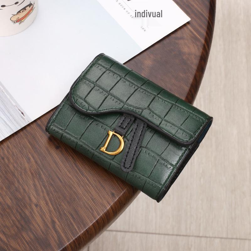 Women's 2022 Korean Style Crocodile Embossed Tri-Fold Wallet with D-ring Buckle Coin Pocket and Card Slots.