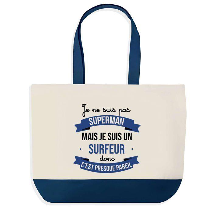 Sac shopping - PLANETEE - Sac shopping fond bleu - Motif Surfeur Superman - Coton 40x45 cm - Fabriqué en France