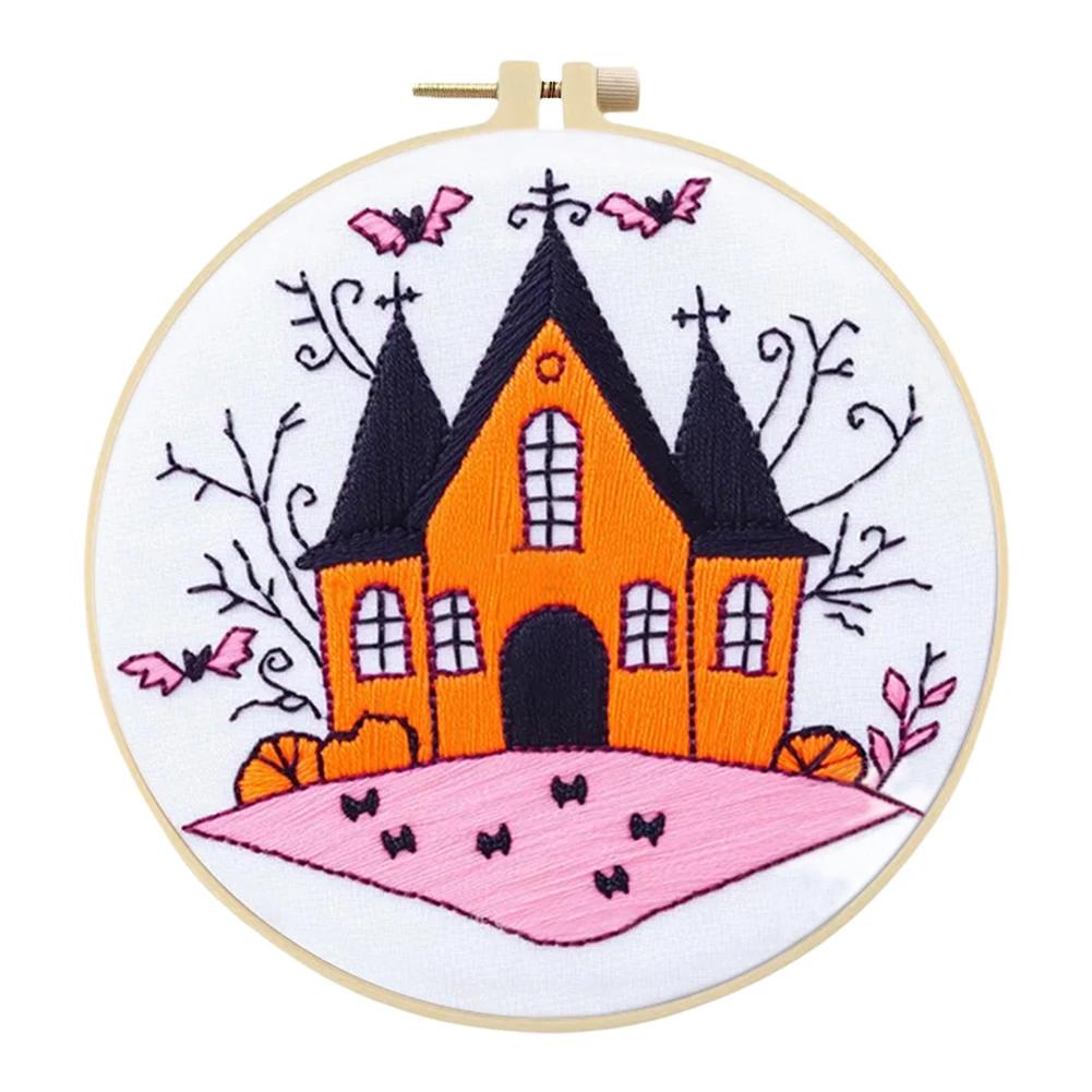 Halloween Stamped Cross Stitch Embroidery Kits with Hoop Cloth Color Thread for Beginners DIY Arts Ornament Cross Stitch Sets