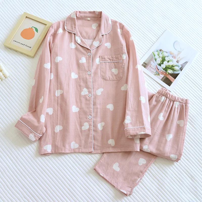 New Spring and Autumn Pajama Set for Women 100% Cotton Long-sleeved Trousers Two-piece Set Loving Cute Sweet Home Set