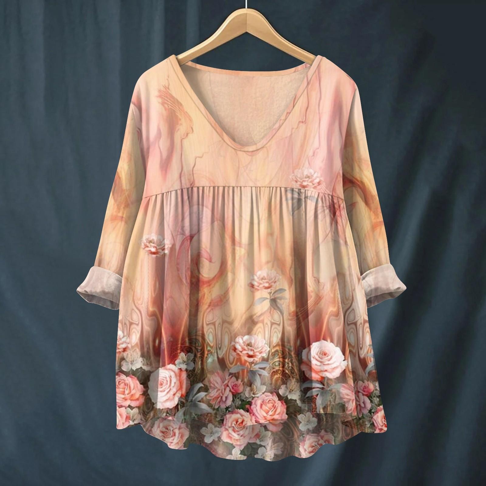 

Женская модная и повседневная рубашка с длинным рукавом, V-образным вырезом и принтом, блузка из хлопка и льна XL розового золота