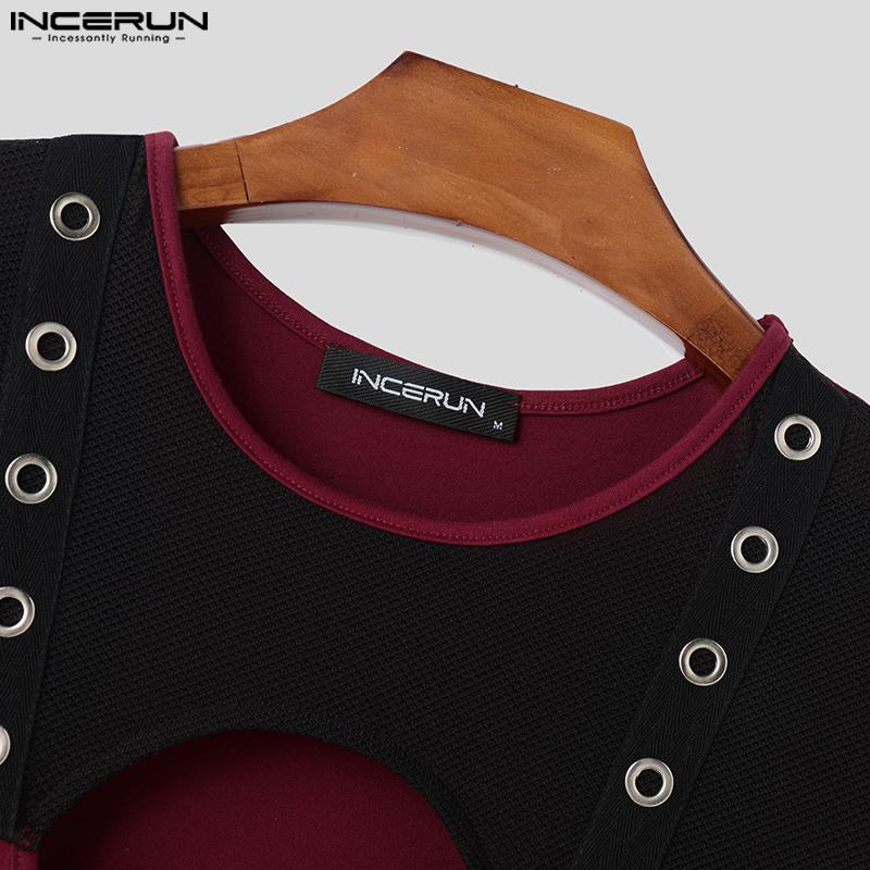 INCERUN Sommer Herren Kurzarm Mesh Transparent Patchwork Ausgeschnitten Skinny T-Shirts