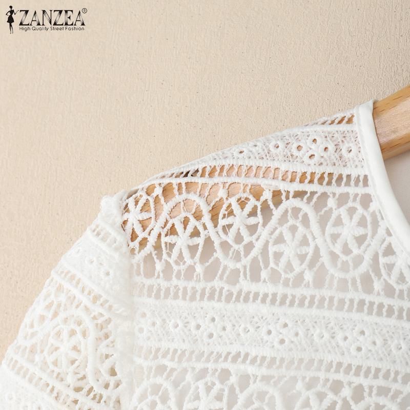 ZANZEA Women Casual Lace Patchwork Round Neck 3/4 Sleeve Floral Print Blouse