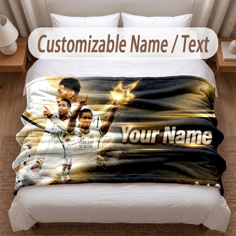 Jude Bellingham Printed Flannel Blanket Custom Name Text Soft Warm Throw For Bedroom Holiday Gift