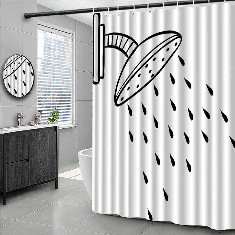Black and White Cartoon Shower Curtain with Raindrops Waterproof Bath Decor Minimalist Artistic Bathroom Curtains