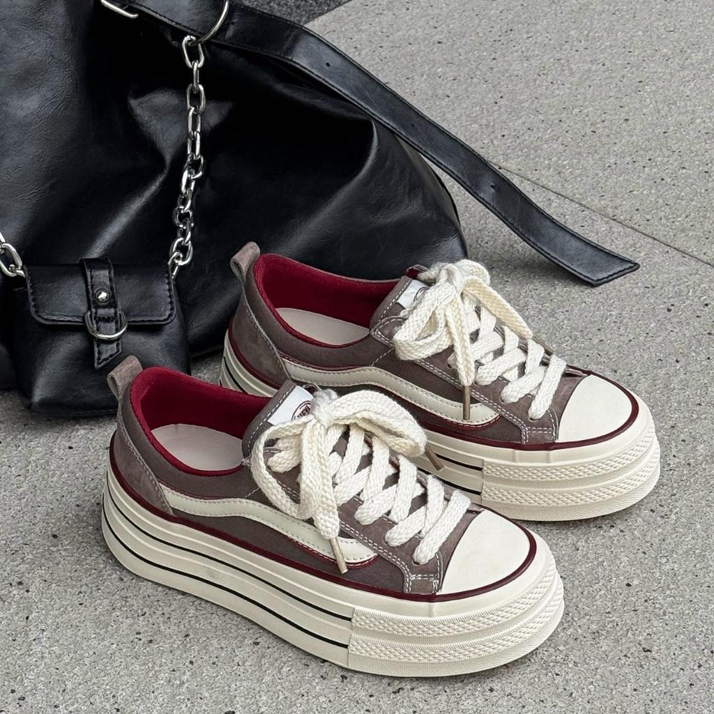 European 2025 New Leather Thick-soled Small Height-increasing Canvas Shoes Casual Fashion Single Shoes Comfortable Foreign Style Trendy Shoes