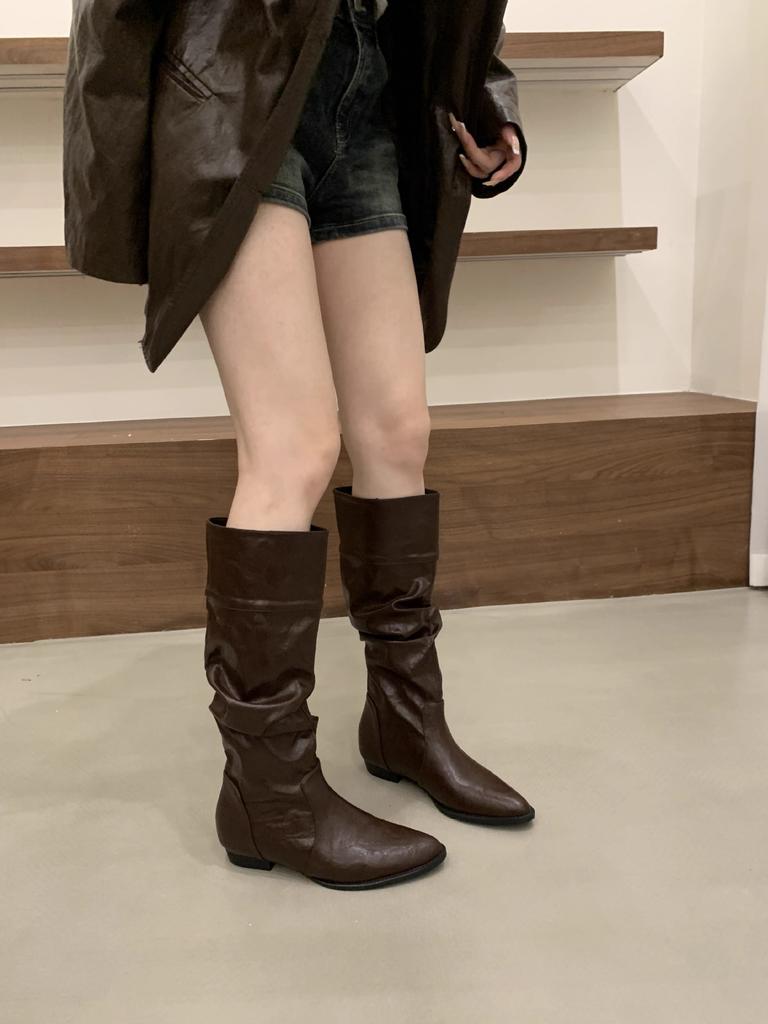 Inner height increase Small man White stacked medium tube Knight boots Women's shoes Autumn and winter Skinny boots Long tube long boots