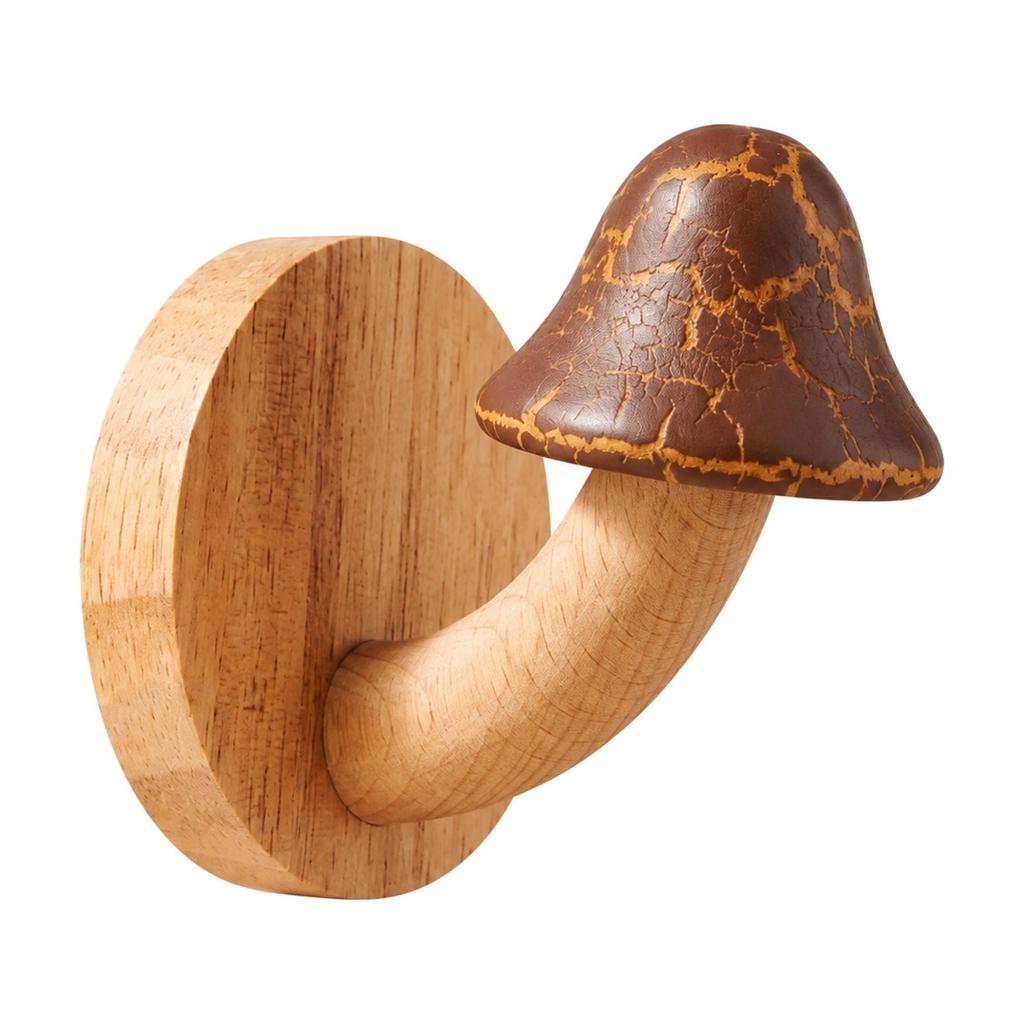 Wooden Mushroom Hook with Backplate Nature-Themed Crackle-Finish Wall