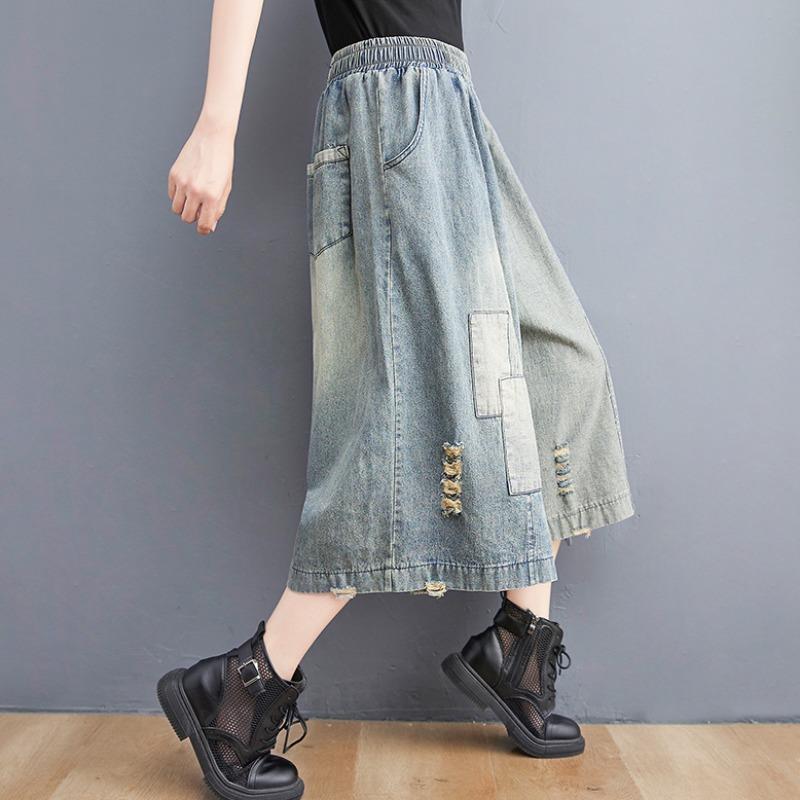 Pantalon en jean vintage grande taille pour femme, ample, déchiré, avec patchs, été, surdimensionné, patchwork, décontracté, short en jean à jambes larges