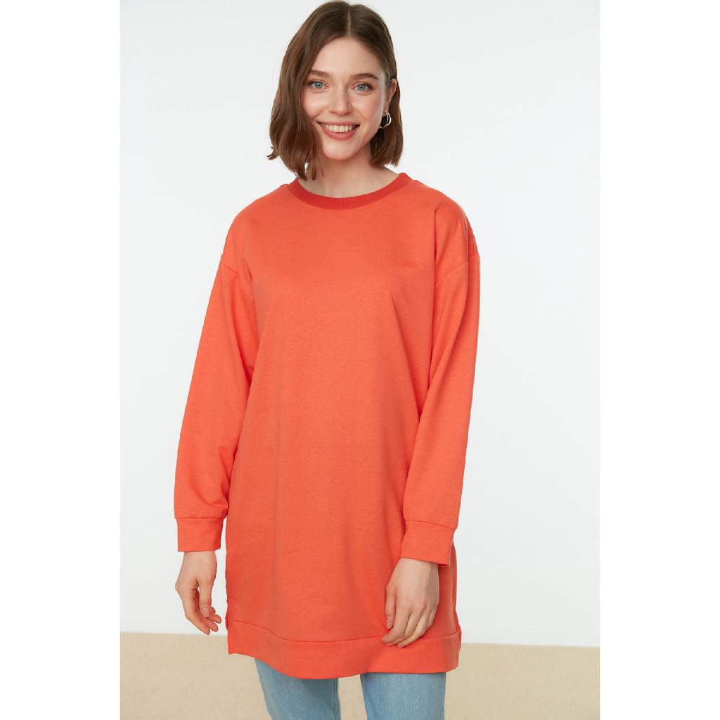 Orangefarbenes Basic-Strick-Sweatshirt mit Schlitz und Rundhalsausschnitt, Tctaw22tw0138