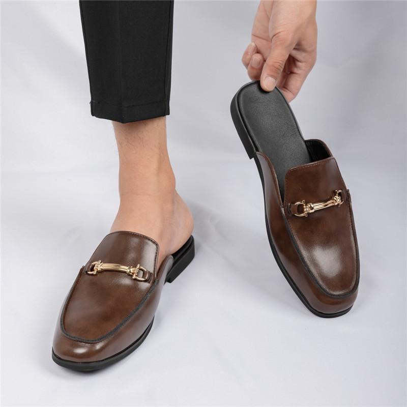 Luxury New Designer Men's Black Brown Patent Leather Half Shoes For Men Mules Sandals Casual Shoes Slides Loafers Slippers