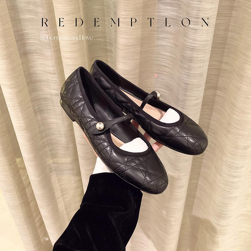 Diamond Check Pearl Buckle Flat Shoes Women Mary Jane Shallow Mouth Line with Princess Ballet Shoes