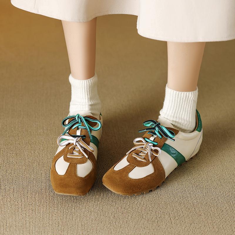 Fashion Lace-up German Training Shoes Pumps Female Genuine Leather 2025 New Spring Flat Sneakers Ladies Casual Forrest Gump Shoes Women