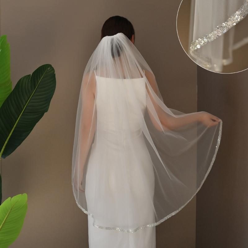 Delicate Beaded Edge Single Layer Bridal Veils Pearls Crystals Wedding Headpiece for Extended Ceremonies