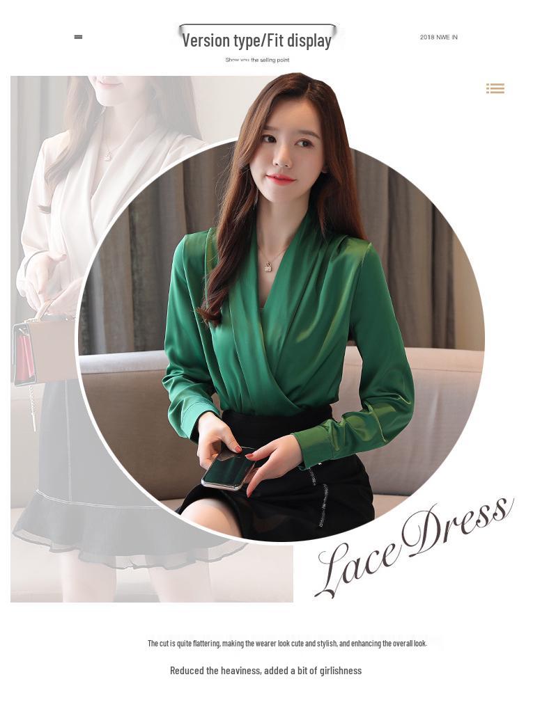 Damen 2025 Koreanischer Stil V-Ausschnitt Schlankmachendes Satin Chiffon Langarm Oberteil