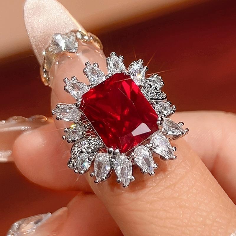 New set, jewelry, earrings, rings, square color treasure, red corundum, fashionable European and American style luxury women's models are in stock.