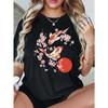 Women Japanese Koi Fish Cherry Blossom T-Shirt Red Sun Pink Floral Round Neck Short Sleeve Soft Breathable Relaxed Fit Summer Beach Casual Top
