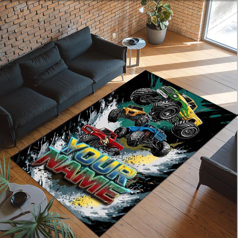 Monster Truck Theme Crystal Velvet Rug Personalized Custom Name Text Soft Floor Mat Home Decor