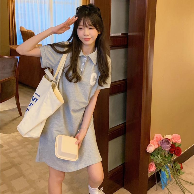 Abito a Maniche Corte Ricamato con Collo Polo Slim Fit Abbigliamento da Donna Estivo Stile College Ampio Linea A Tubino Dritto Moda Abbigliamento da Donna