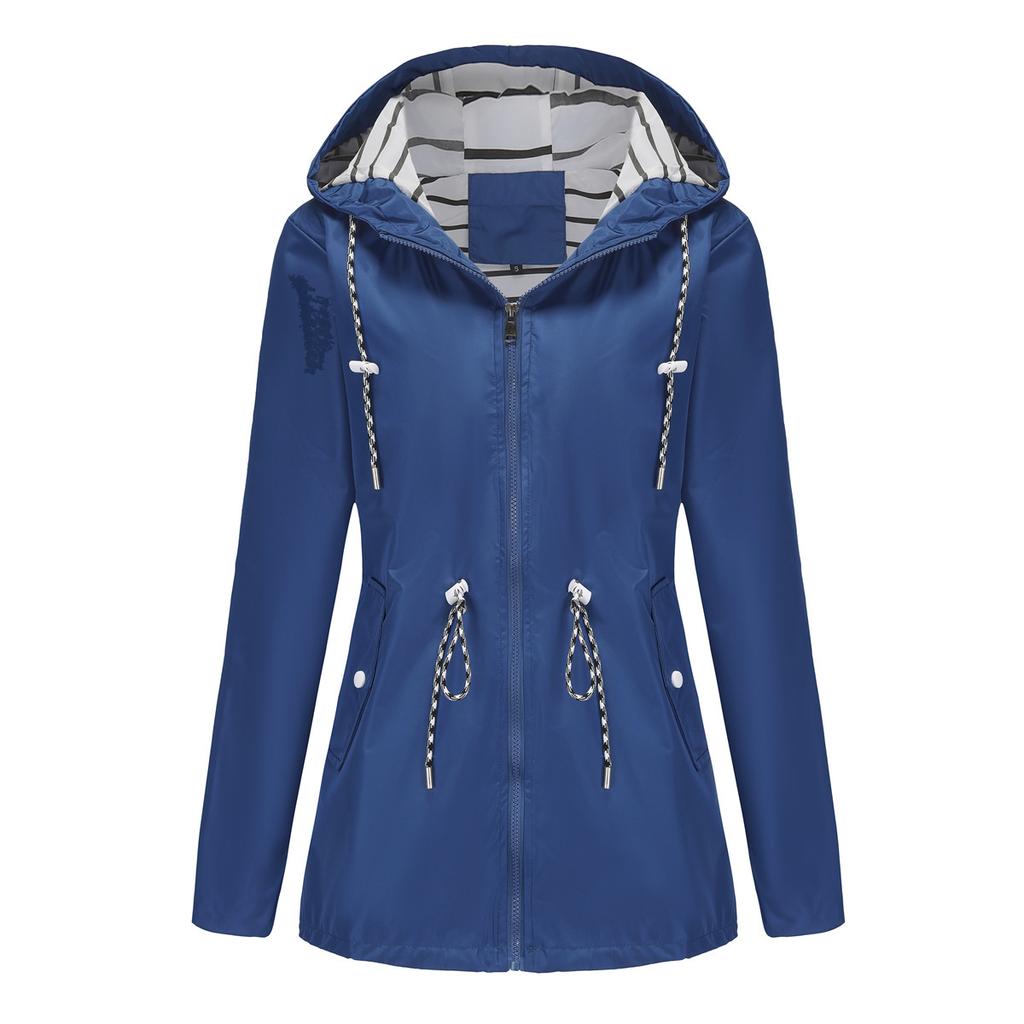 Women's Long Sleeve Hooded Jacket Drawstring Loose Fit Casual Windbreaker Raincoat Outerwear