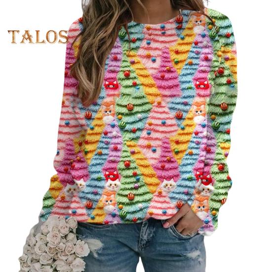 Julegenser Dame 3D Juletre Hus Trykk Rund Hals Langermet Topper Lett Ferie Genser Topper