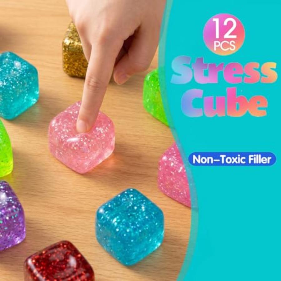 12 Pack Glitter Stress Cube Fidget Toys - Sensory Squeeze Toys For Stress And Anxiety Relief, Squishy Ice Cube Fidgets For Calm