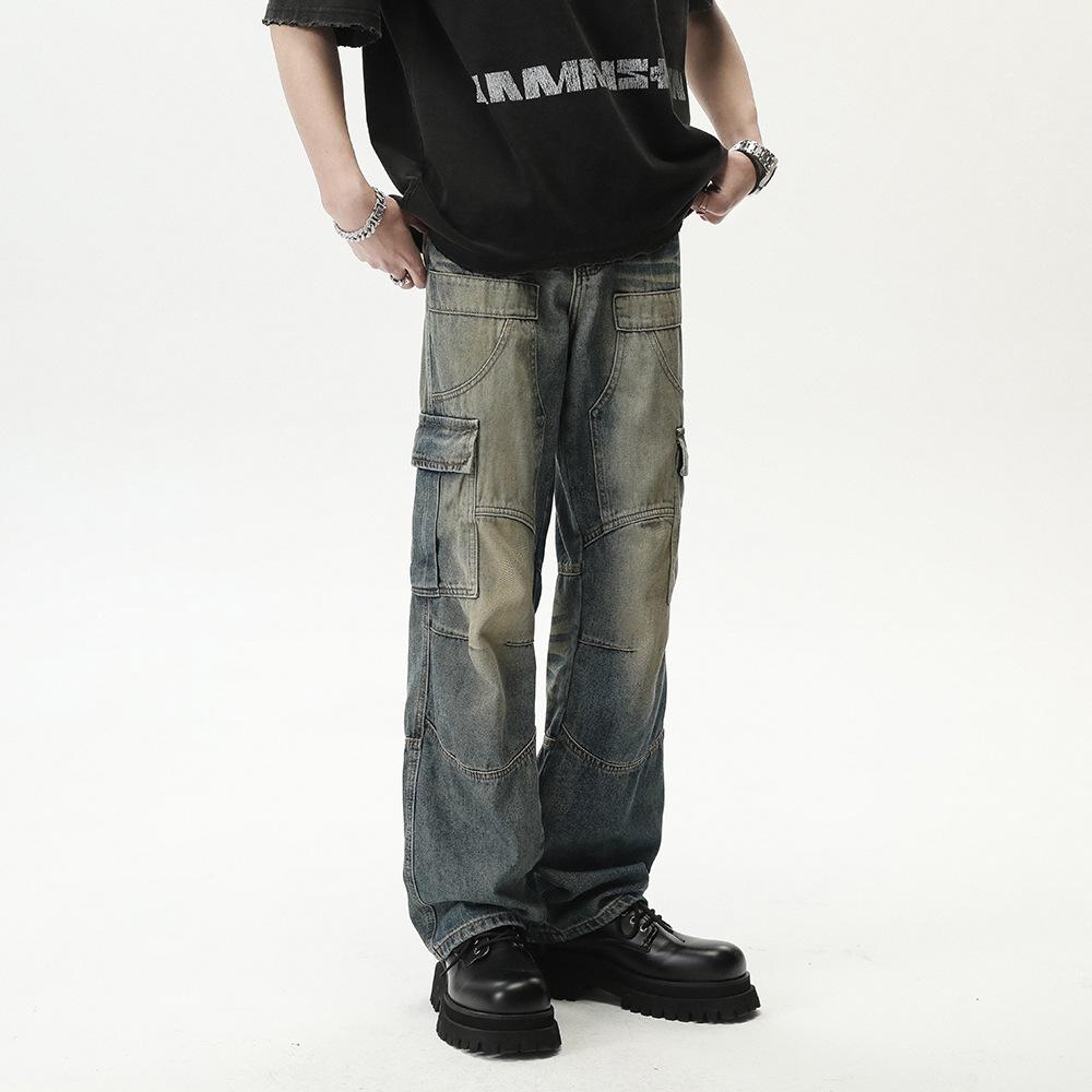 Tooling Jeans Men's Ins American High Street Loose Denim Straight Pants Old Washed Retro Multi-Pocket Pants