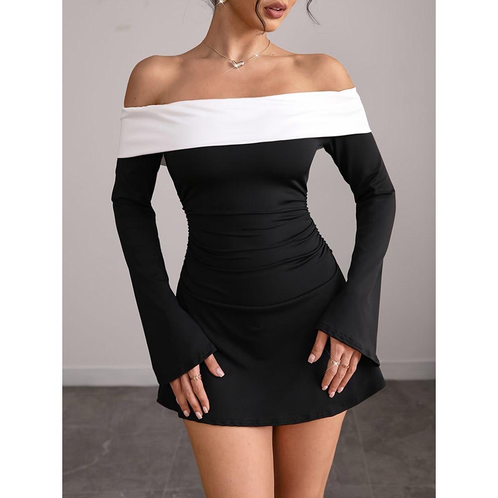 Women Elegant Off Shoulder Long Sleeve Bodycon Dress Stretchy Outfit