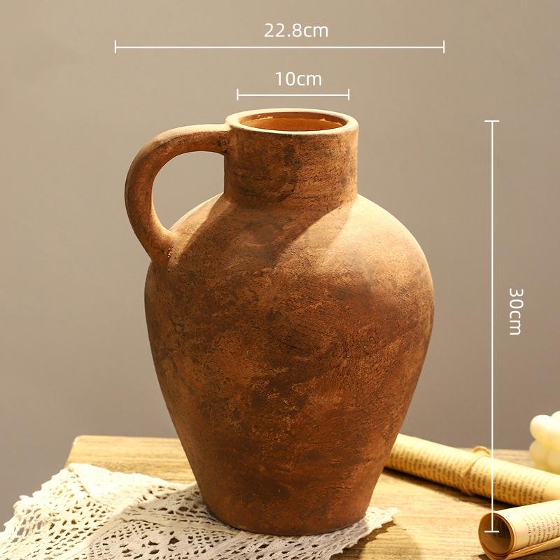 Ceramic Vase Retro Pot Rough Pottery Geometric Handle Flower Vase Flower Arrangement Accessories Flowerpot Home Decoration