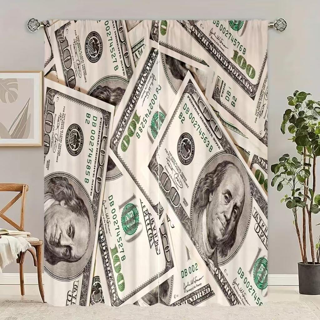 2 pieces of Us dollar bill printed curtains   pole bag curtains   29*64 inches   home decoration   room decoration