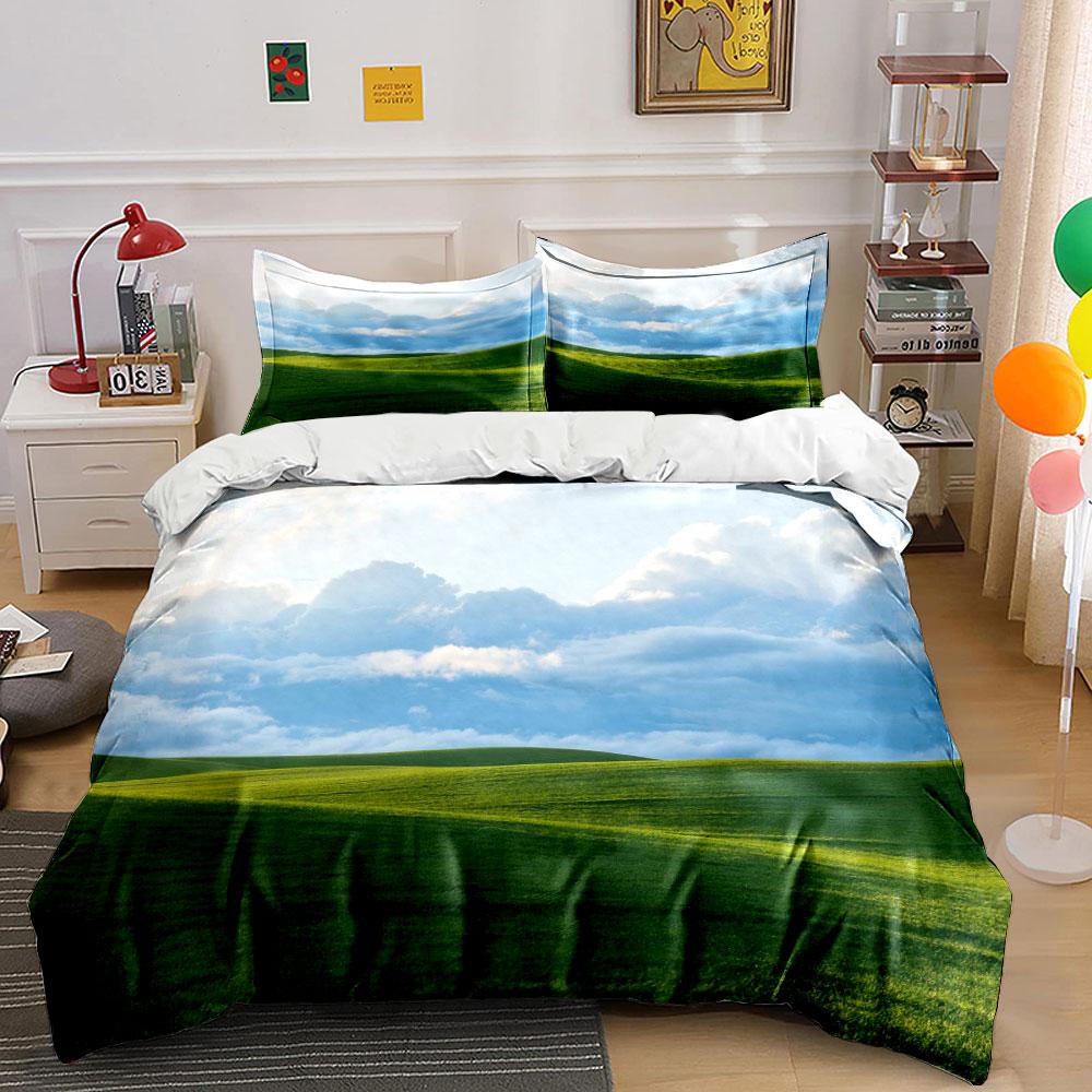Green Hills With Blue Sky And Clouds Bedding Set For Kids Luxury Gift 3Pcs Digital Print Comforter Set Soft Comfortable