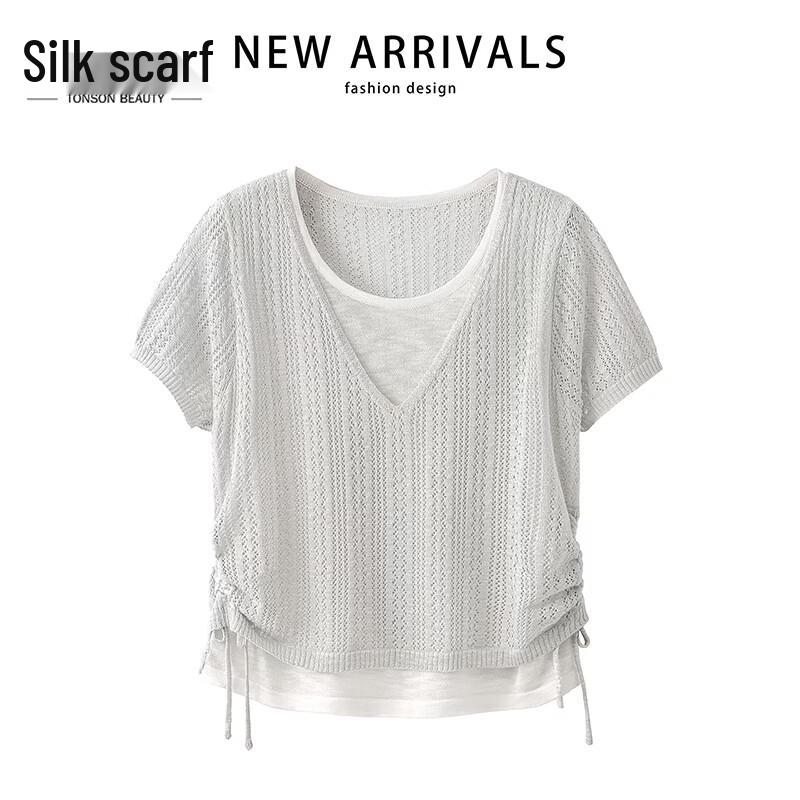 Women s Faux Two-Piece Hollow Knit Short Sleeve T-shirt One Size