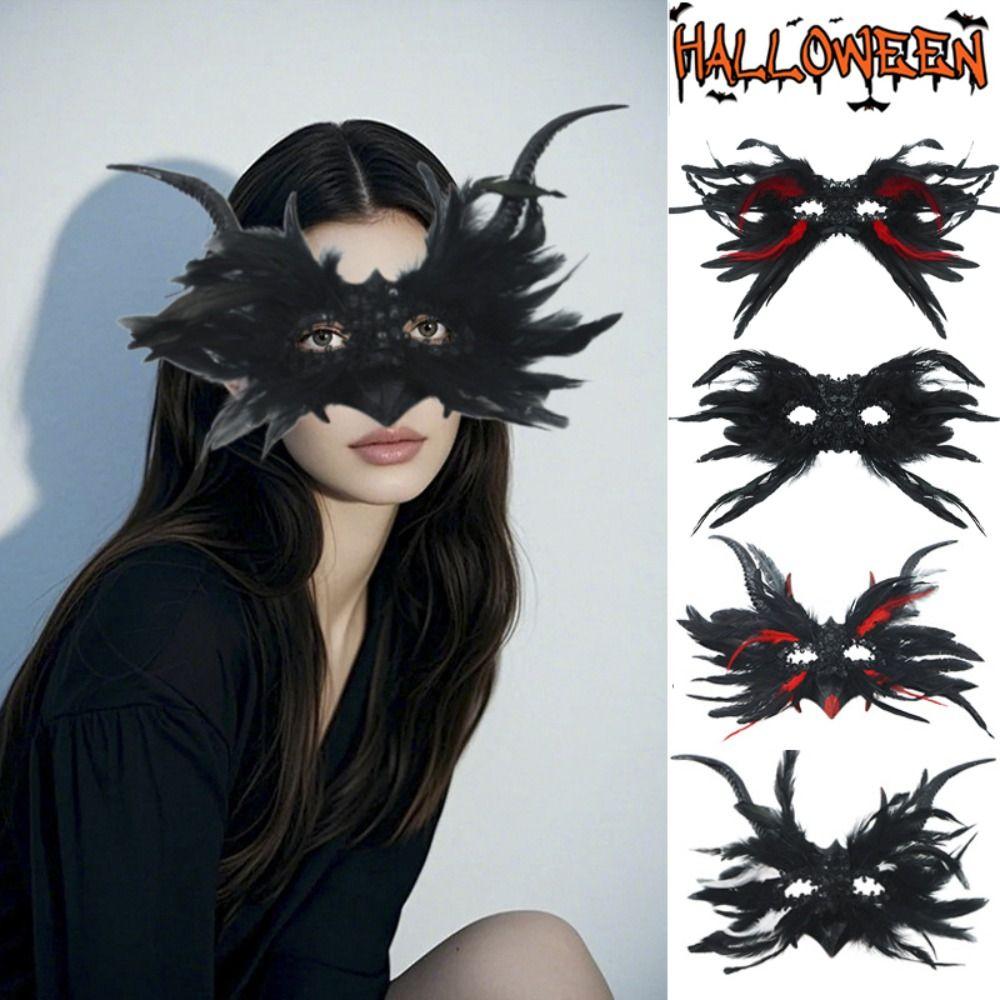Cosplay Halloween Eye Mask Large Horn Gothic Mask Halloween Feather Masks  Halloween Carnival
