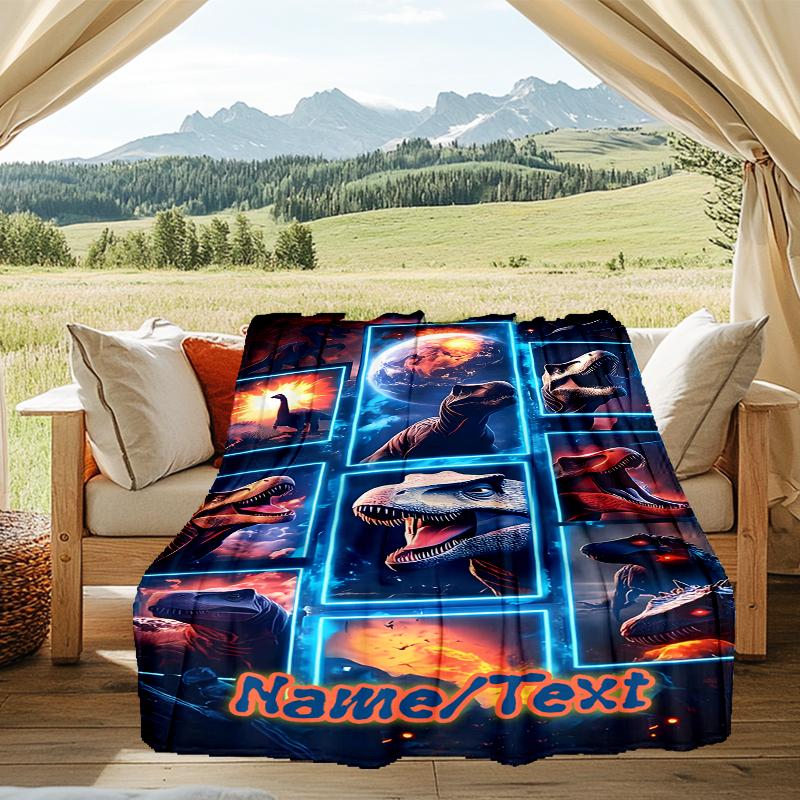 1PC Custom Name Dinosaur Fantasy World Outdooor Flannel Blankets Throw Blanket All-Season Throw Gift Bedspread for Couch, Bed, Camping Holiday Birthda