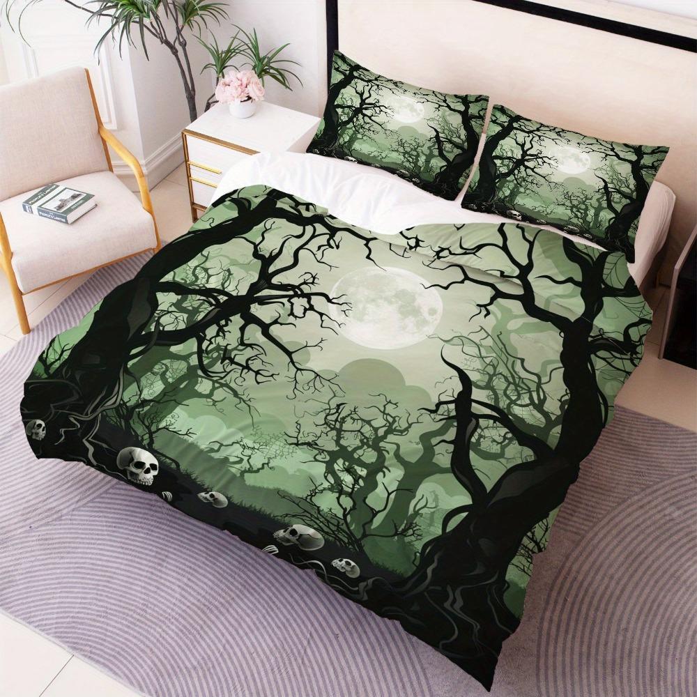 Halloween Bettwäsche-Set Schädel Nebel Wald Verwelkte Bäume Druck Gemütlicher Bettbezug King Queen Twin Größe Geburtstagsgeschenk Schlafzimmerdeko