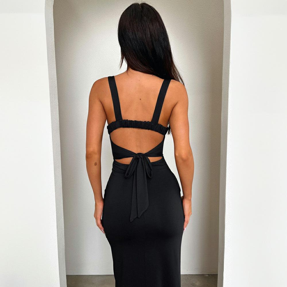 New slim temperament sexy sleeveless halter suspender split hip wrap women's dress