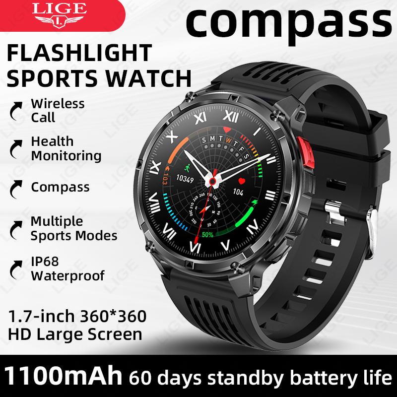 New Military Smart Watch 1100mAh Battery Compass LED Flashlight Men Outdoor Sport Watches Bluetooth Call 1.7" HD Smartwatch