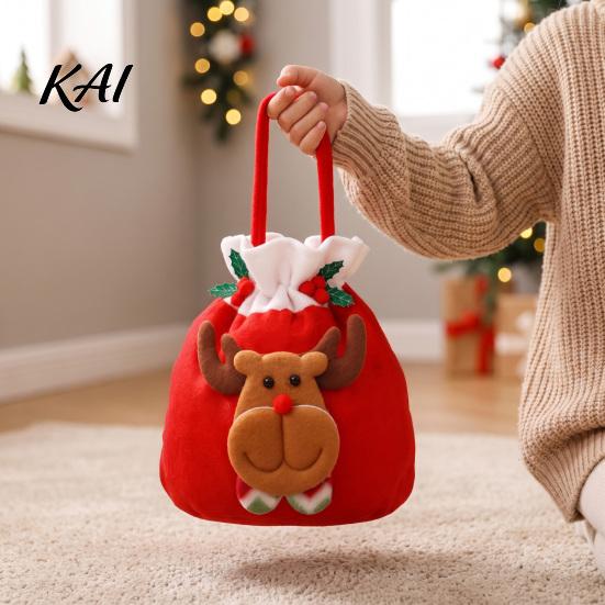 Drawstring Candy Pouches Christmas Flannel Bags, Fruit Cookie Packing Bag, Cute Holiday Goodie Bags Snowman/Santa/Elk Gift Wrap Bag for Presents,