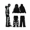 Streetwear Spider Web Star Letter Zip-Up Hoodie Sweatshirt Pants Set Men Women Long Sleeve Casual Outfit