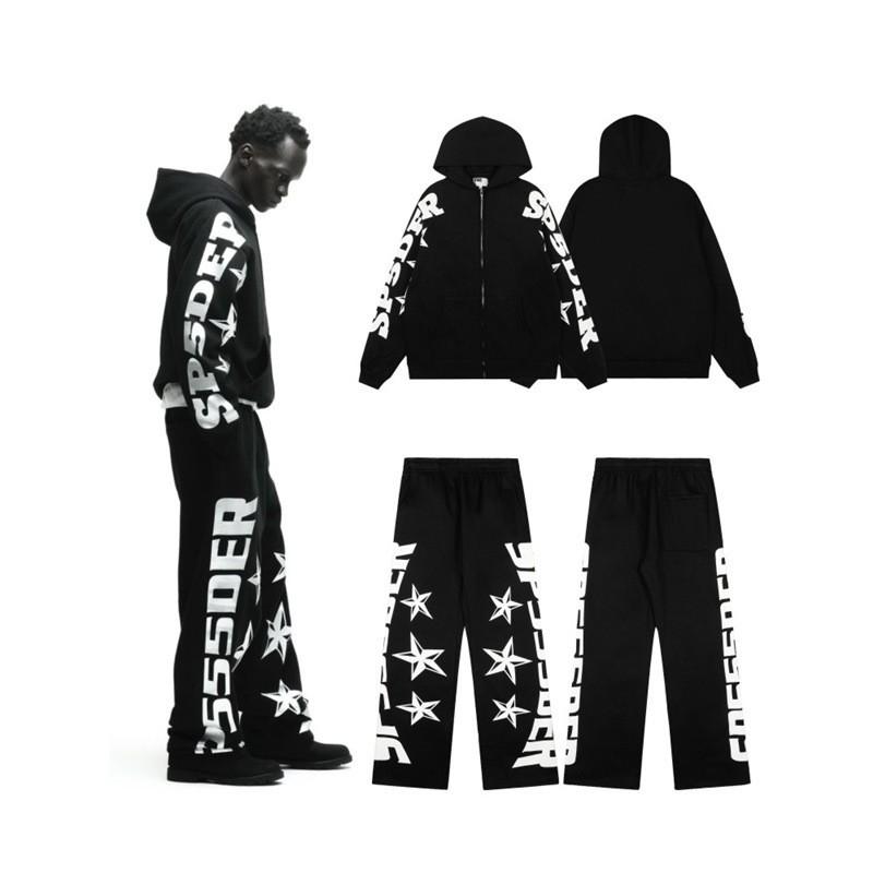 Streetwear Spider Web Star Letter Zip-Up Hoodie Sweatshirt Pants Set Men Women Long Sleeve Casual Outfit
