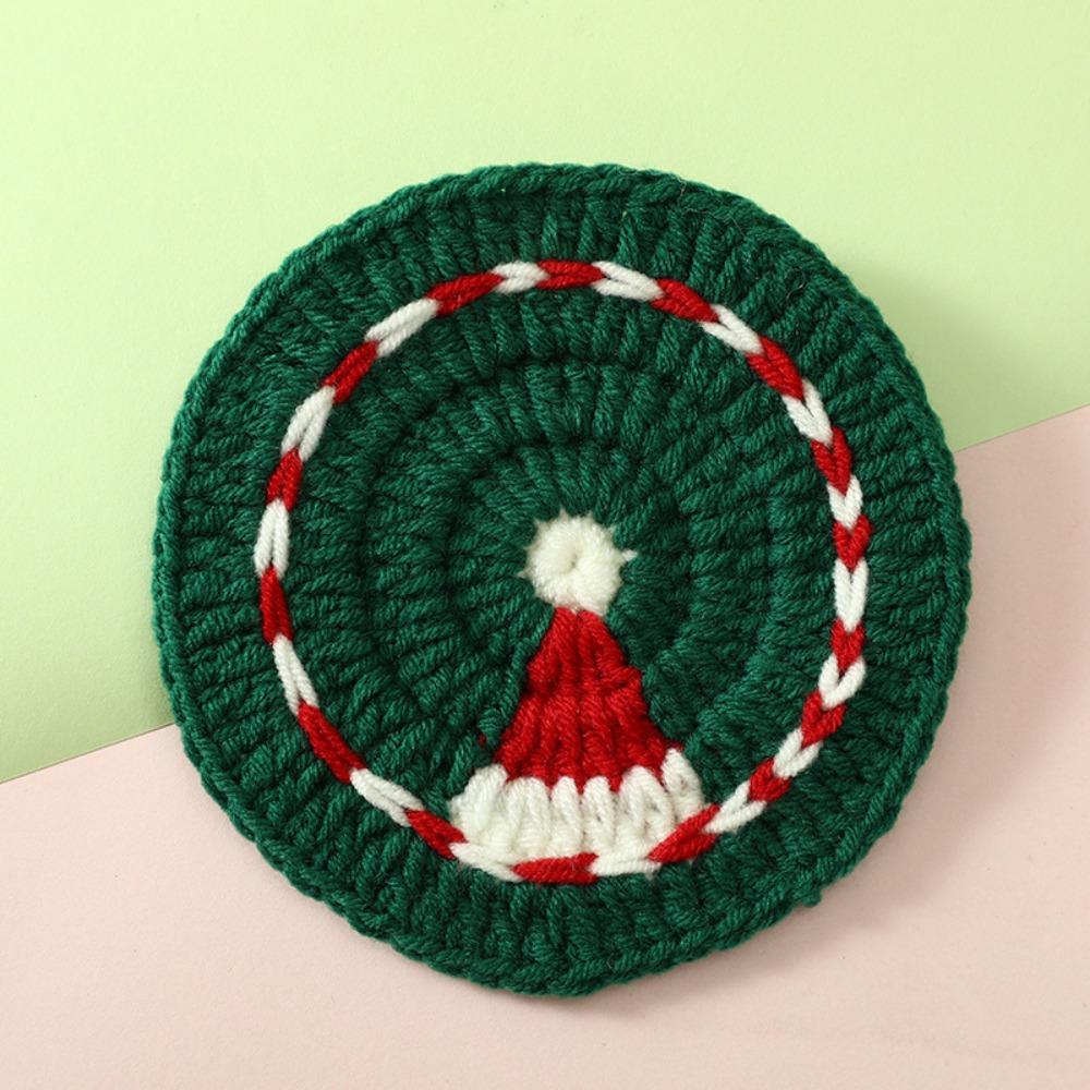 Handmade Christmas Crochet Coaster Christmas Tree Snowman Pattern Round Knitted Cup Mat Heat-resistant Non-slip Coffee Mug Pad