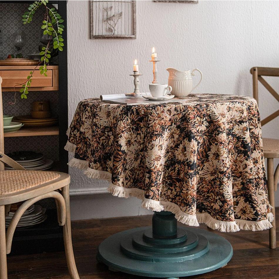 

French Oil Painting Cotton Linen Round Tablecloth Sunflowe Tassels Dust-Proof Table Cover,For Dinner Party Wedding Decor DIA 90CM