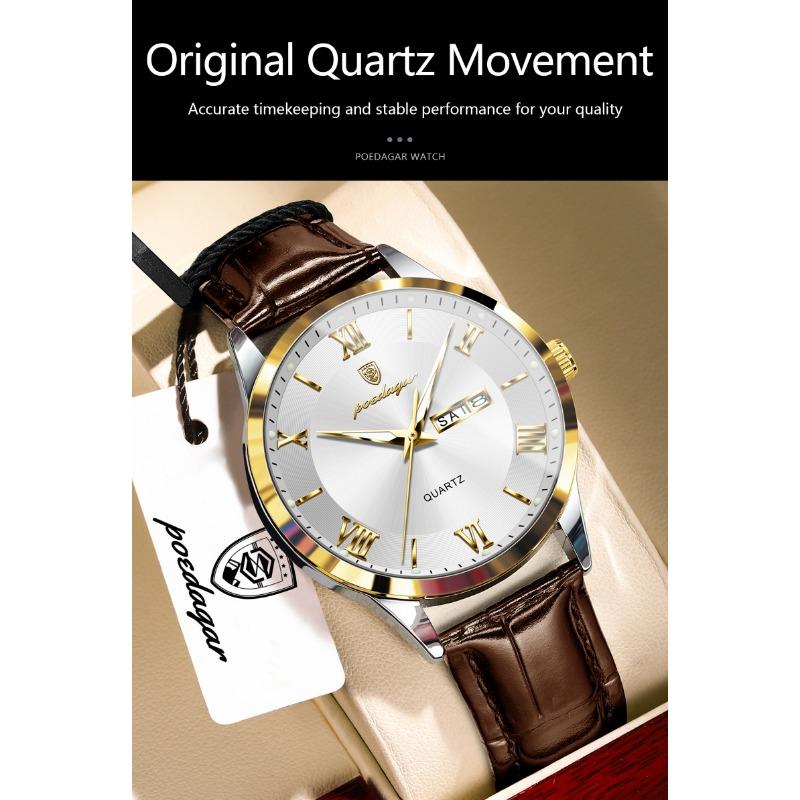 POEDAGAR Luxury Fashion Watch for Man Leather Date Week Casual Quartz Clock Waterproof Luminous Business Watches Reloj