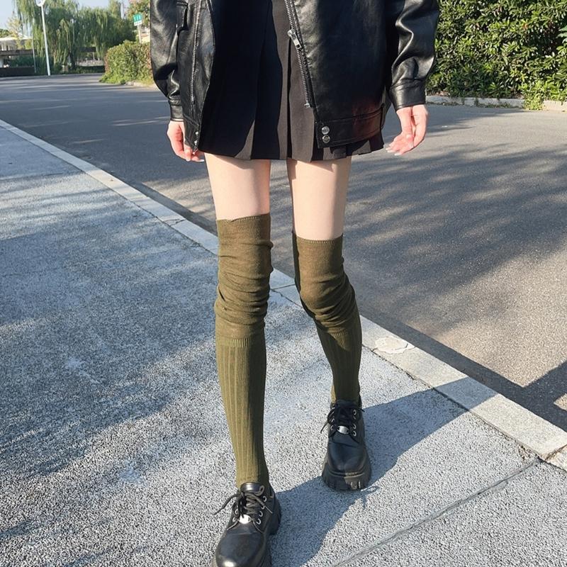Japanese Women Elastic Over Knee Socks Student Slouch Top Rib Knit Long Stocking