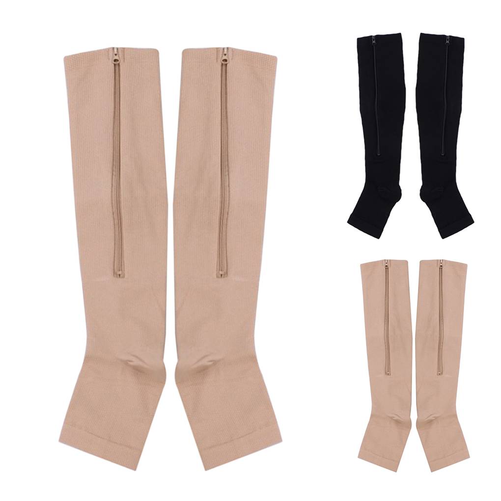 Fashion Nylon Zipper Compression Sock Leg Knee Support Open Toe Preventing Varicose Veins Stretch Socks